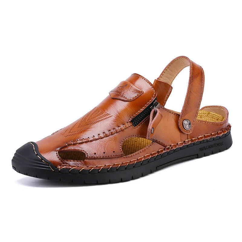 Men's Flat Leather Round Toe Openwork Breathable Beach Sandals and Slippers