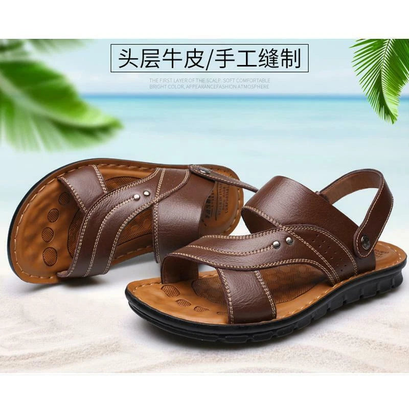Black Men Genuine Leather Sandals Summer Casual Sports Beach Shoes Soft Slippers