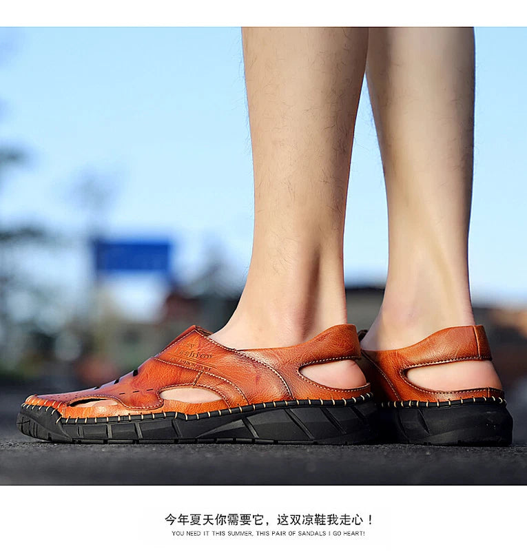 Men Beach Sandals Casual Genuine Leather Non-slip Flats Fashion Slipper