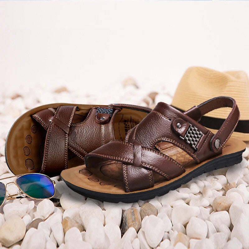 38-48 Summer Open Toe Slippers Sandals Hollow Out Faux Leather Men's Beach Shoes
