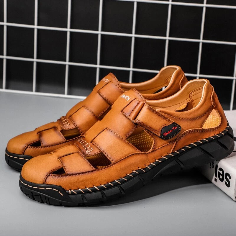 Men's Leather Sandals Outdoor Flat Roman Platform Casual Shoes Beach Slippers