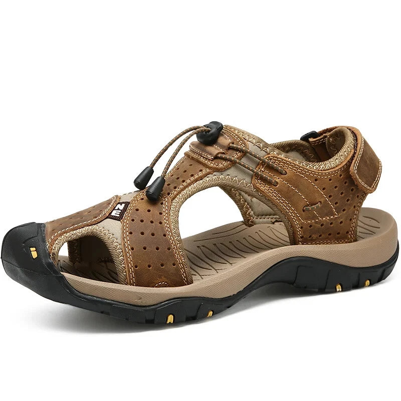 Men's Leather Sandals Summer Outdoor Beach Shoes Comfort Casual Lackk Up Slipper