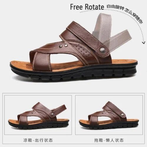 Black Men Genuine Leather Sandals Summer Casual Sports Beach Shoes Soft Slippers