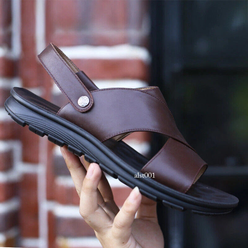 Mens Slippers Slip-On Sandals Summer casual Pu Leather Shoes New Open Toe Beach-