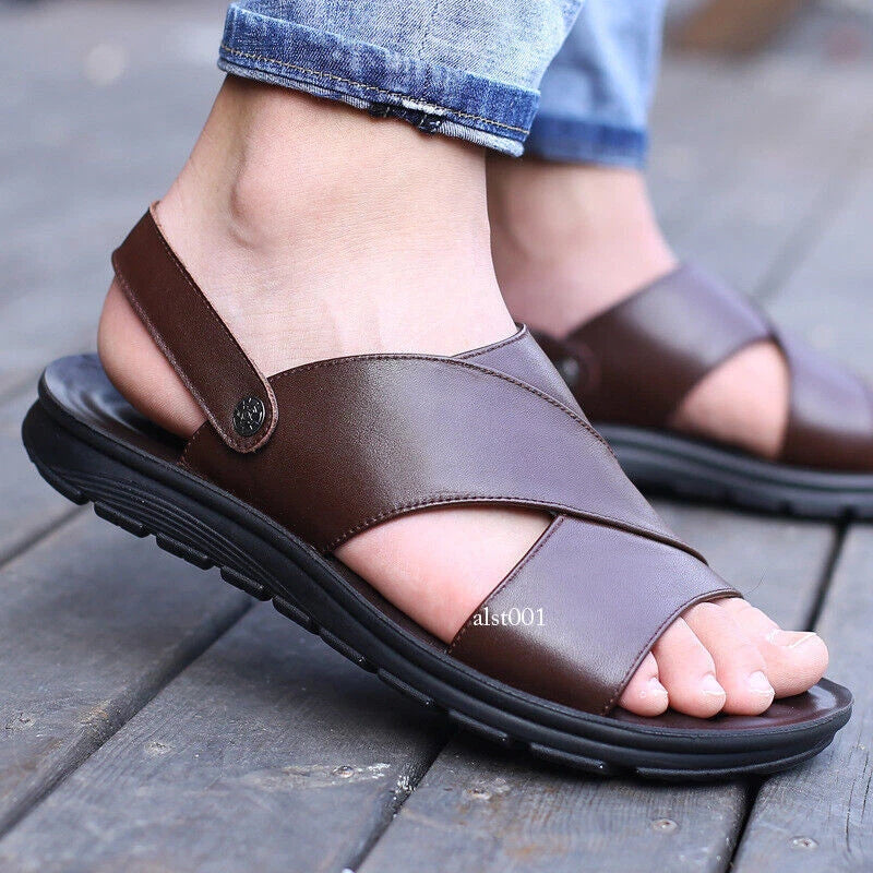 Mens Slippers Slip-On Sandals Summer casual Pu Leather Shoes New Open Toe Beach-