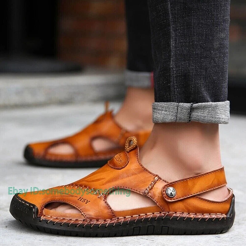 Mens Leather Sandals Water Shoes Summer Closed Toe Fisherman Beach Slippers Size
