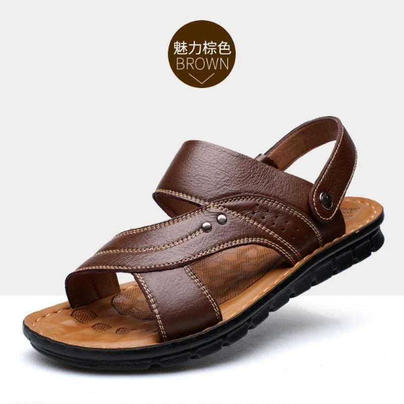 Black Men Genuine Leather Sandals Summer Casual Sports Beach Shoes Soft Slippers