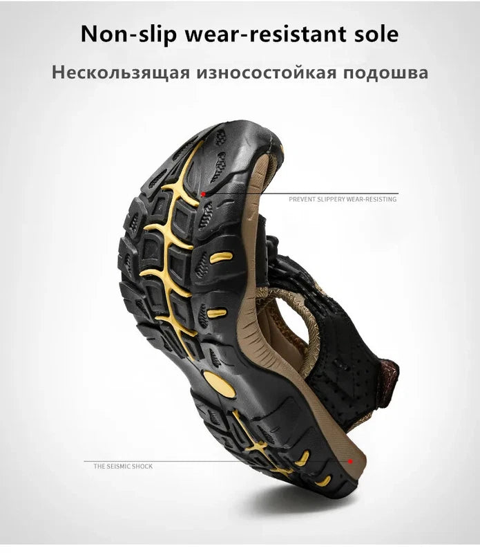 Men's Leather Sandals Summer Outdoor Beach Shoes Comfort Casual Lackk Up Slipper