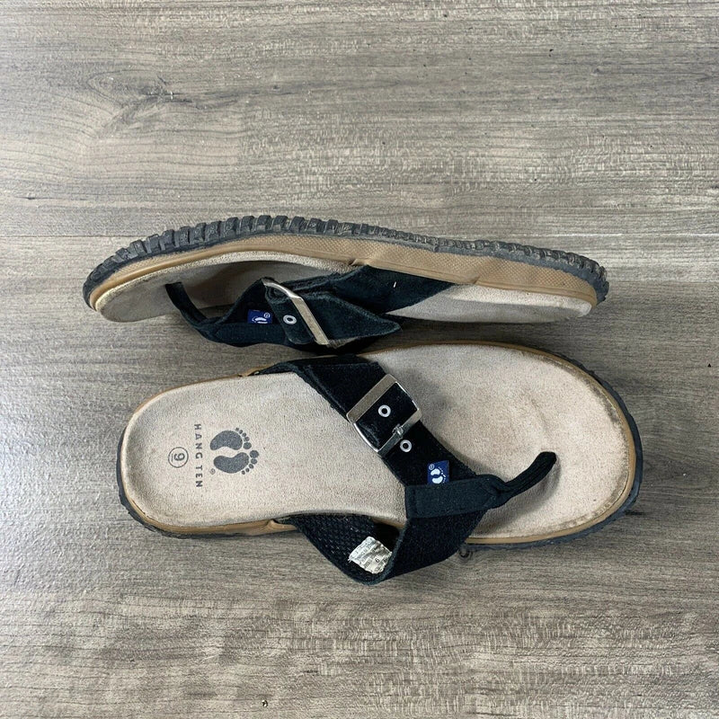 Hang Ten Mens Size 9 Suede Flip Flops Tong Sandals Black Slip On Rubber Soles