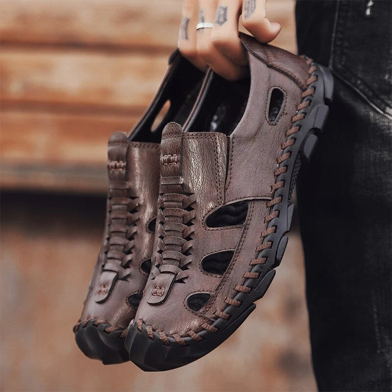 Men's Leather Sandals Non-slip Hiking Beach Slippers Soft Bottom Casual Shoes