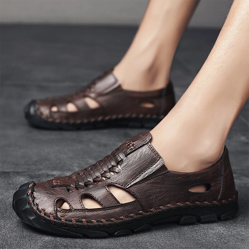 Men's Leather Sandals Non-slip Hiking Beach Slippers Soft Bottom Casual Shoes
