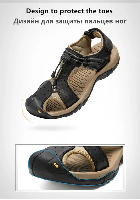 Men's Leather Sandals Summer Outdoor Beach Shoes Comfort Casual Lackk Up Slipper