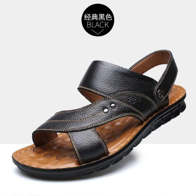 Black Men Genuine Leather Sandals Summer Casual Sports Beach Shoes Soft Slippers