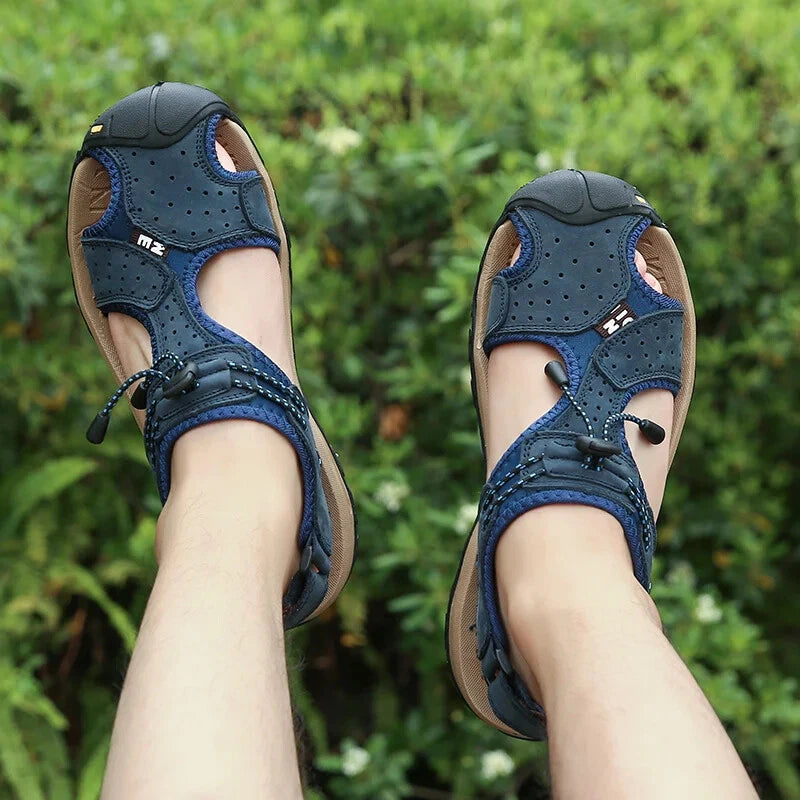 Men's Leather Sandals Summer Outdoor Beach Shoes Comfort Casual Lackk Up Slipper
