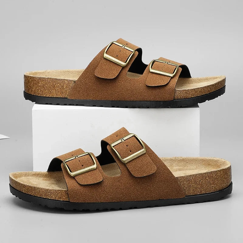 Leather Cork Slippers Men Beach Sandals Summer Outdoor Women Soft Slides Unisex