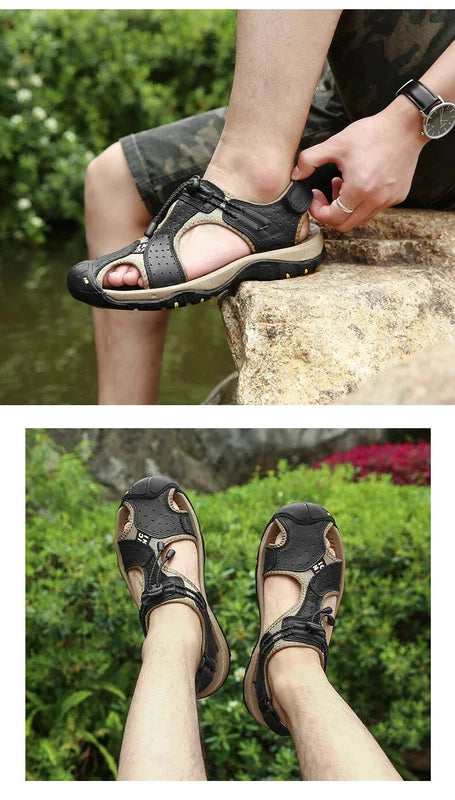 Men's Leather Sandals Summer Outdoor Beach Shoes Comfort Casual Lackk Up Slipper