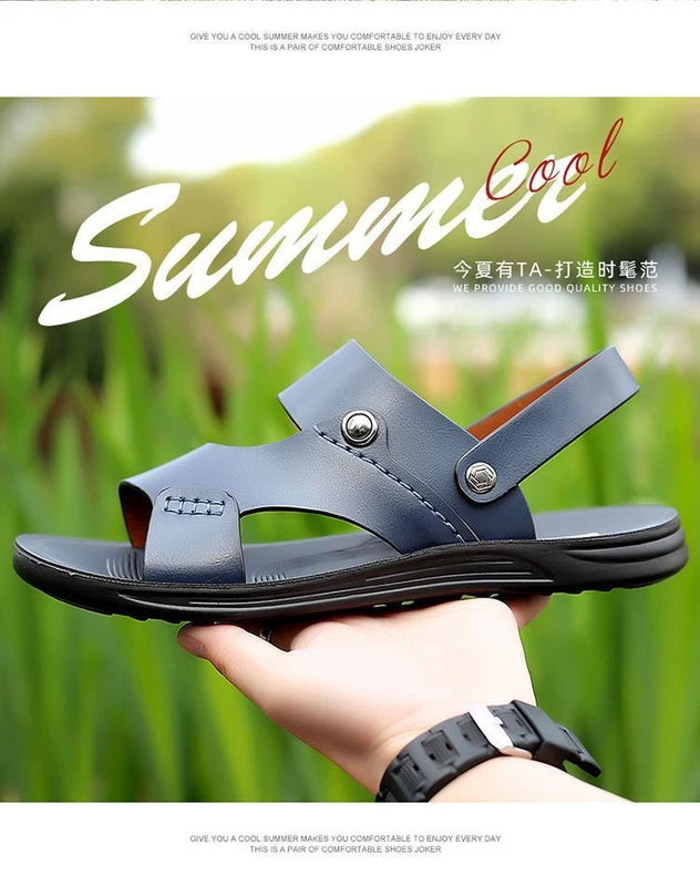 Blue Summer Men Microfiber Leather Sandals Casual Sports Beach Shoes Slippers