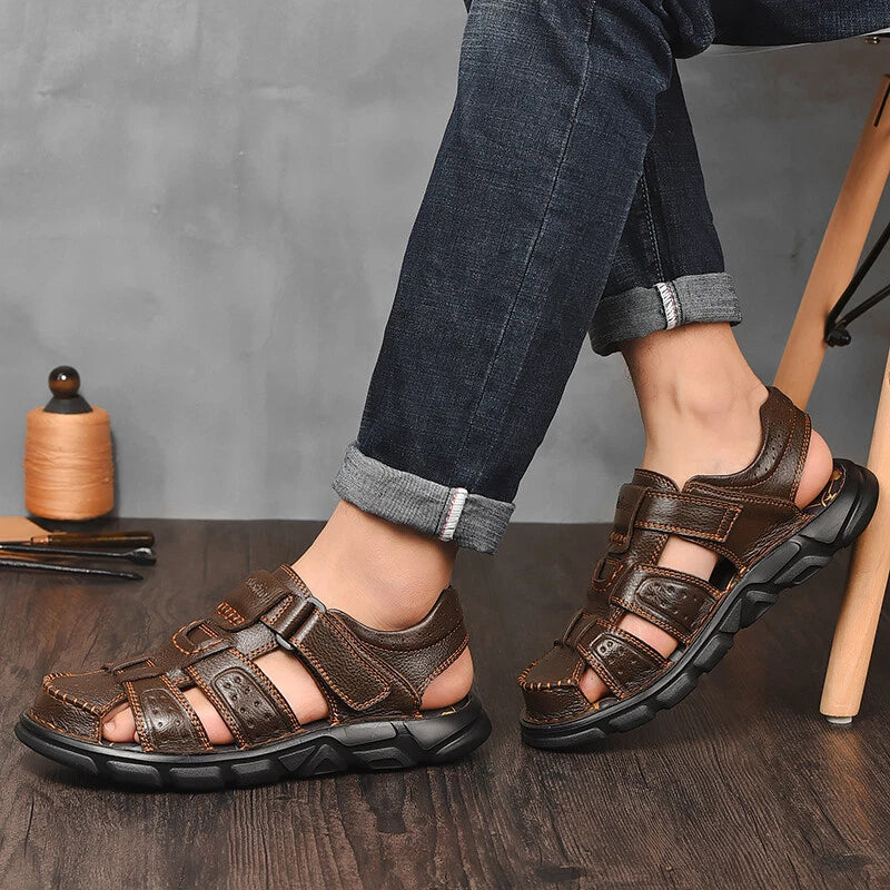 Fashion Men's Beach Slippers Genuine Leather Soft Breathable Non-slip Sandals