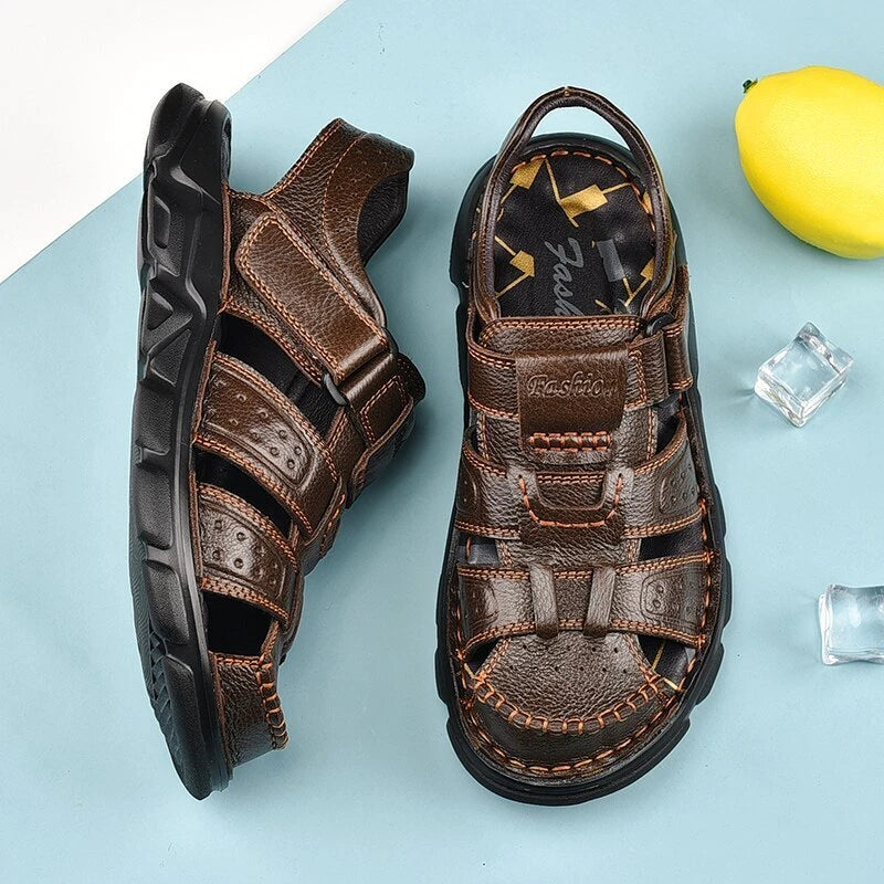 Fashion Men's Beach Slippers Genuine Leather Soft Breathable Non-slip Sandals