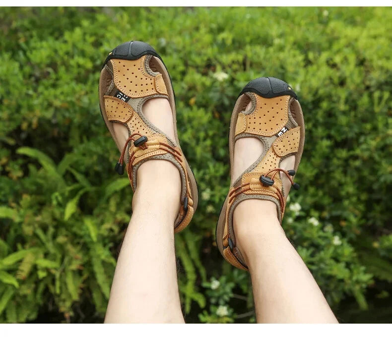 Men's Leather Sandals Summer Outdoor Beach Shoes Comfort Casual Lackk Up Slipper