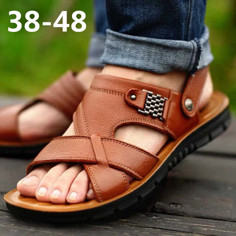 38-48 Summer Open Toe Slippers Sandals Hollow Out Faux Leather Men's Beach Shoes