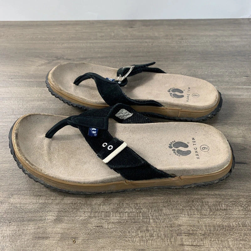 Hang Ten Mens Size 9 Suede Flip Flops Tong Sandals Black Slip On Rubber Soles