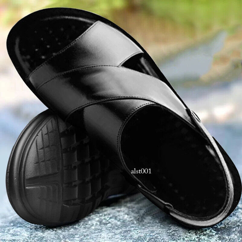 Mens Slippers Slip-On Sandals Summer casual Pu Leather Shoes New Open Toe Beach-