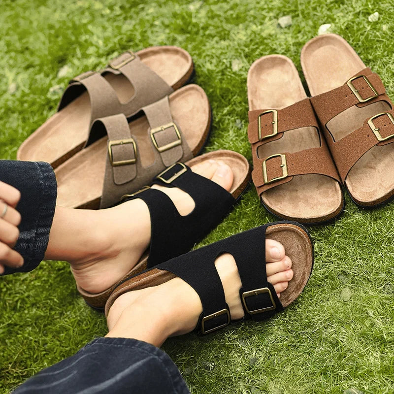 Leather Cork Slippers Men Beach Sandals Summer Outdoor Women Soft Slides Unisex