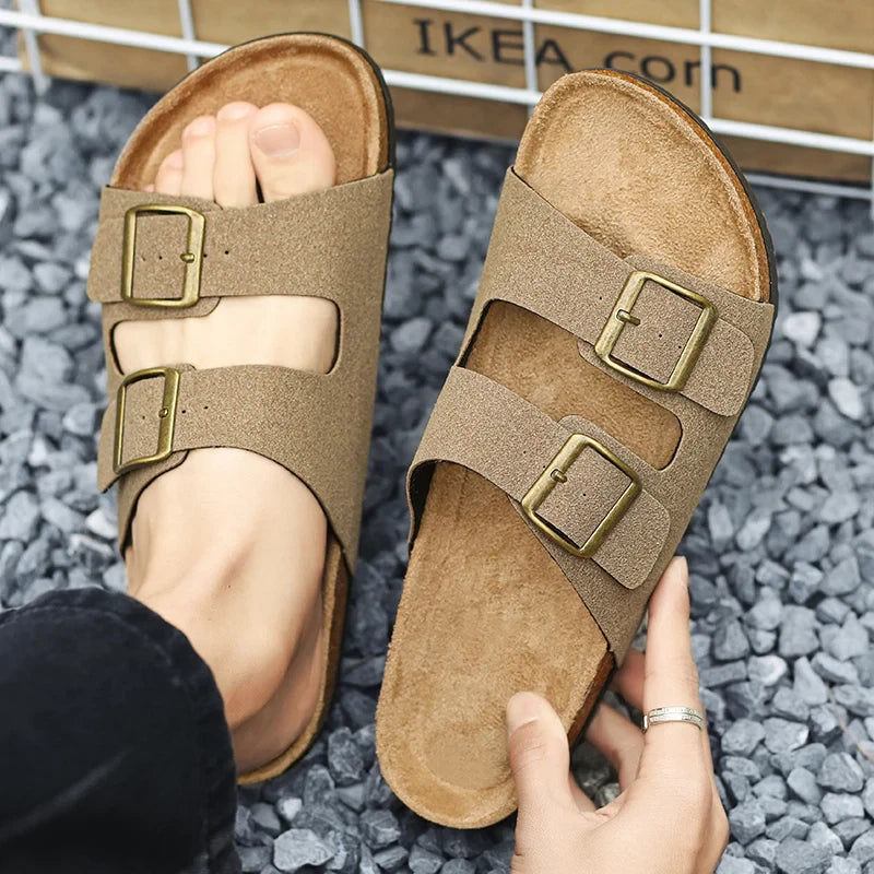 Leather Cork Slippers Men Beach Sandals Summer Outdoor Women Soft Slides Unisex