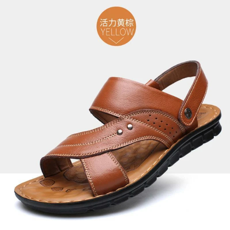 Black Men Genuine Leather Sandals Summer Casual Sports Beach Shoes Soft Slippers