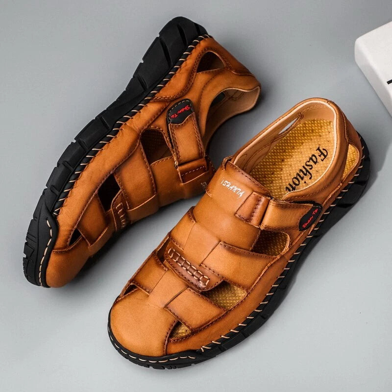 Men's Leather Sandals Outdoor Flat Roman Platform Casual Shoes Beach Slippers