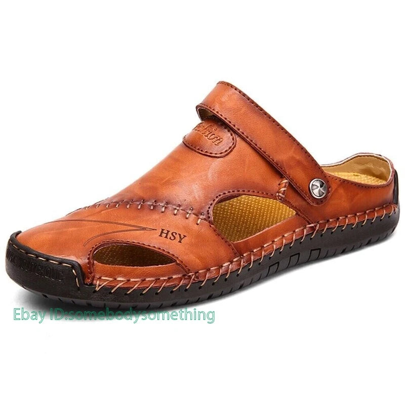 Mens Leather Sandals Water Shoes Summer Closed Toe Fisherman Beach Slippers Size