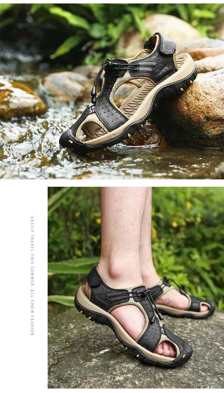 Men's Leather Sandals Summer Outdoor Beach Shoes Comfort Casual Lackk Up Slipper