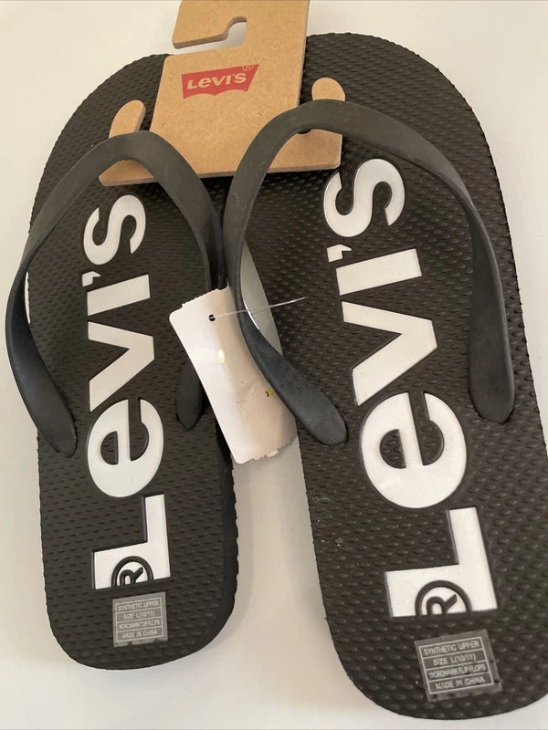 Levis Men Casual Sandal Fit Flop Thong Beach Slippers BLACK White logo L(10/11)