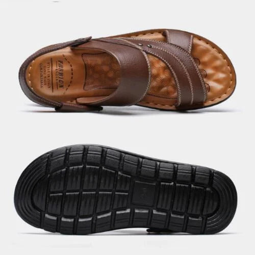 Black Men Genuine Leather Sandals Summer Casual Sports Beach Shoes Soft Slippers