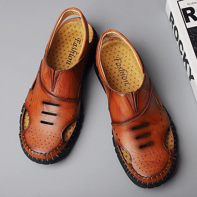 Men Beach Sandals Casual Genuine Leather Non-slip Flats Fashion Slipper