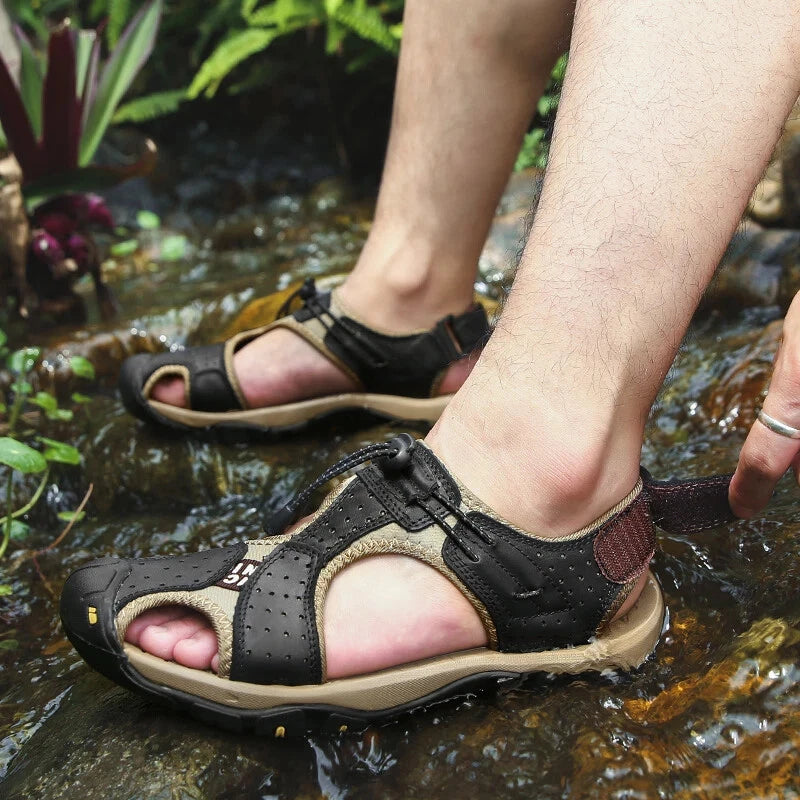 Men's Leather Sandals Summer Outdoor Beach Shoes Comfort Casual Lackk Up Slipper