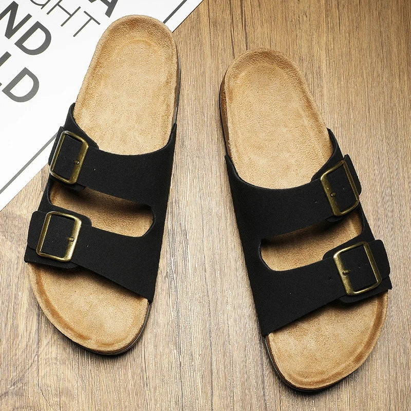 Leather Cork Slippers Men Beach Sandals Summer Outdoor Women Soft Slides Unisex