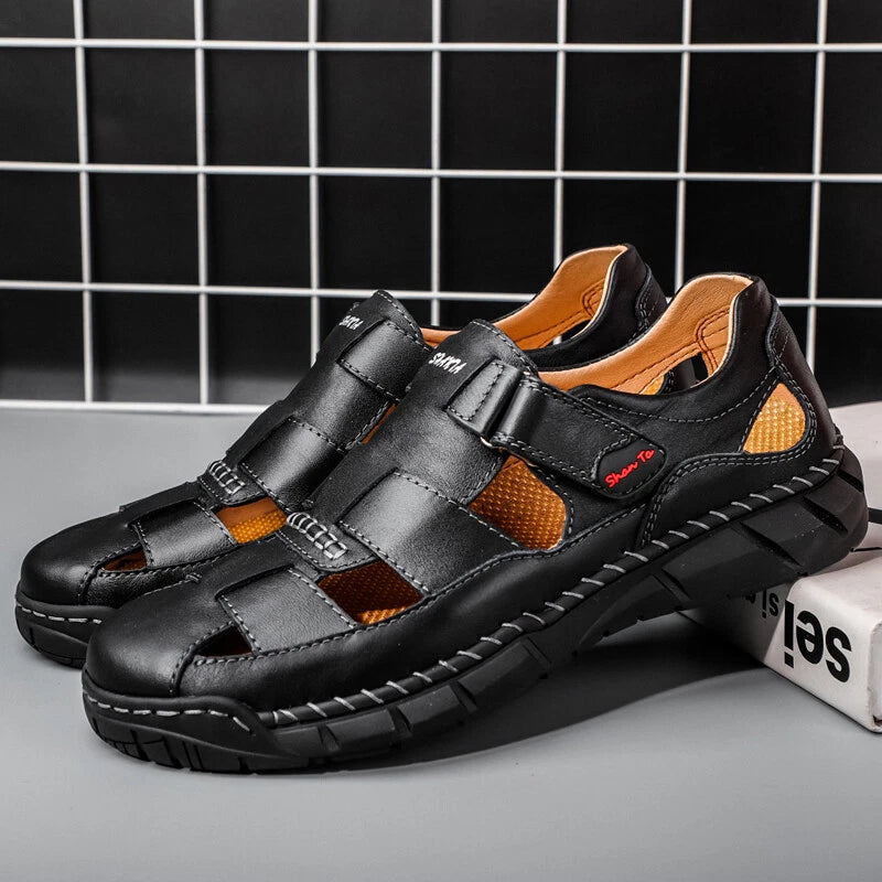 Men's Leather Sandals Outdoor Flat Roman Platform Casual Shoes Beach Slippers