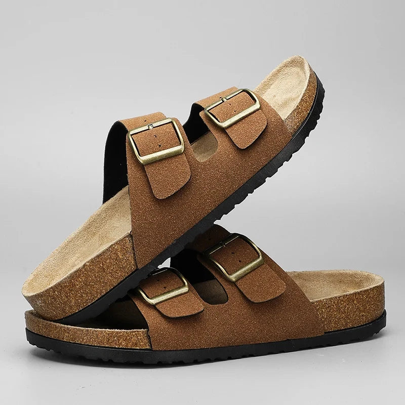 Leather Cork Slippers Men Beach Sandals Summer Outdoor Women Soft Slides Unisex