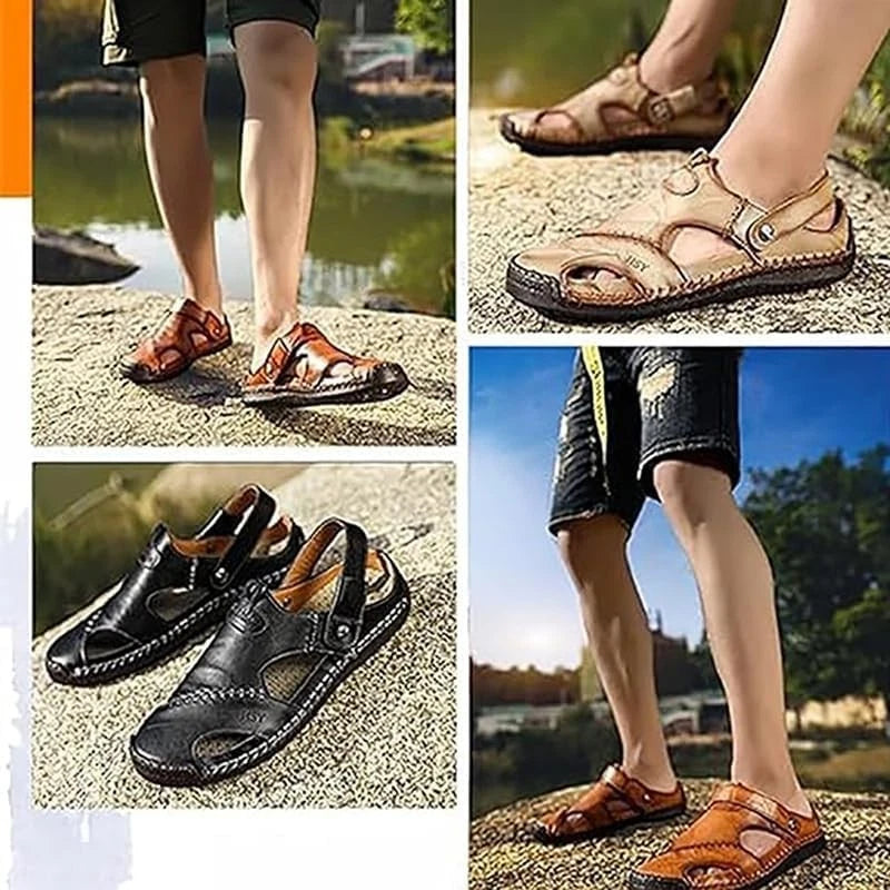 Mens Breathable Sandals Large Size Soft LeatherAdjustable Slipon Outdoor Sandals