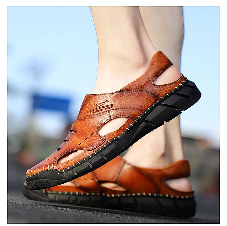 Men Beach Sandals Casual Genuine Leather Non-slip Flats Fashion Slipper