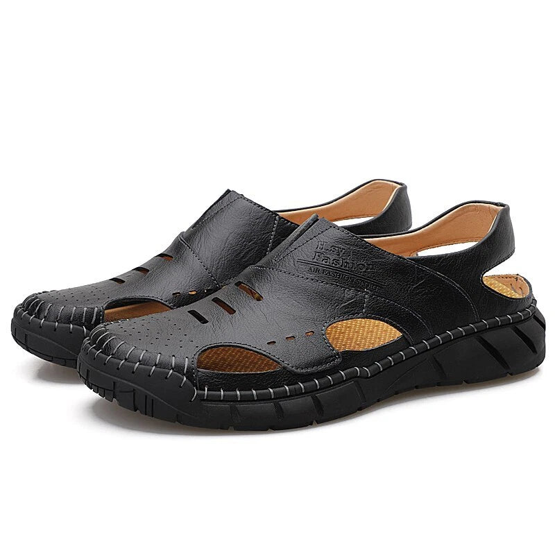 Men Beach Sandals Casual Genuine Leather Non-slip Flats Fashion Slipper