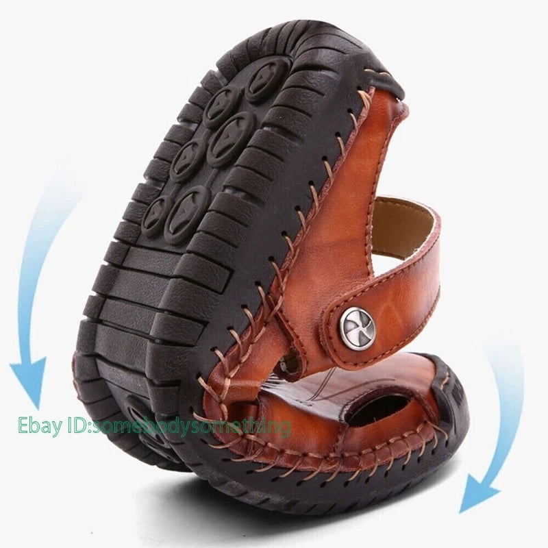 Mens Leather Sandals Water Shoes Summer Closed Toe Fisherman Beach Slippers Size