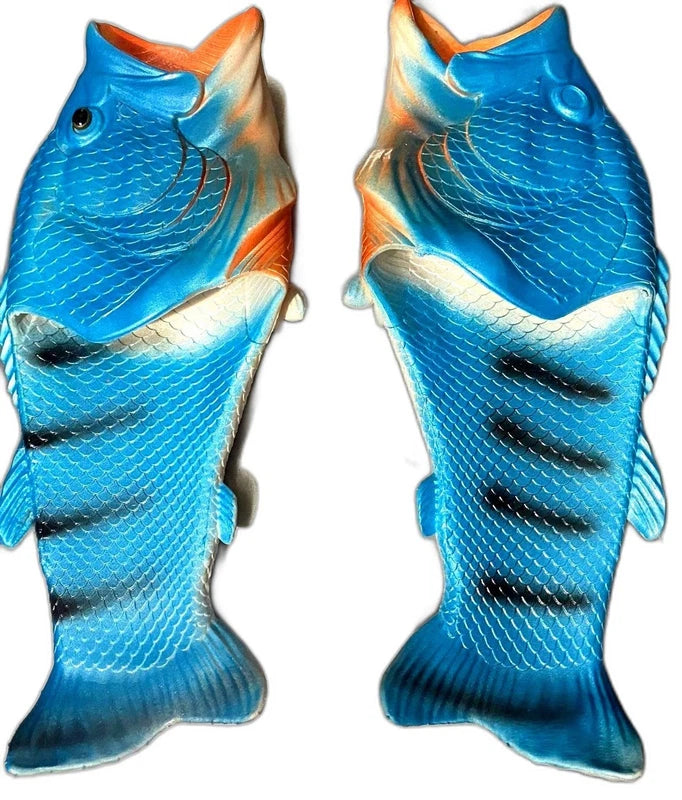 Funny Fish Slippers Flip Flops Size 13/14  Unisex Beach Camp Shoes Gag Gift Idea