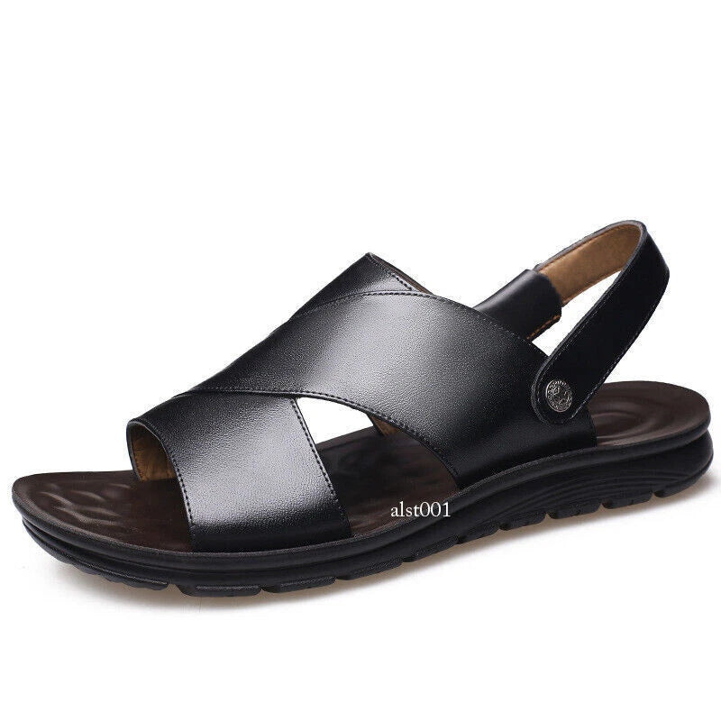Mens Slippers Slip-On Sandals Summer casual Pu Leather Shoes New Open Toe Beach-