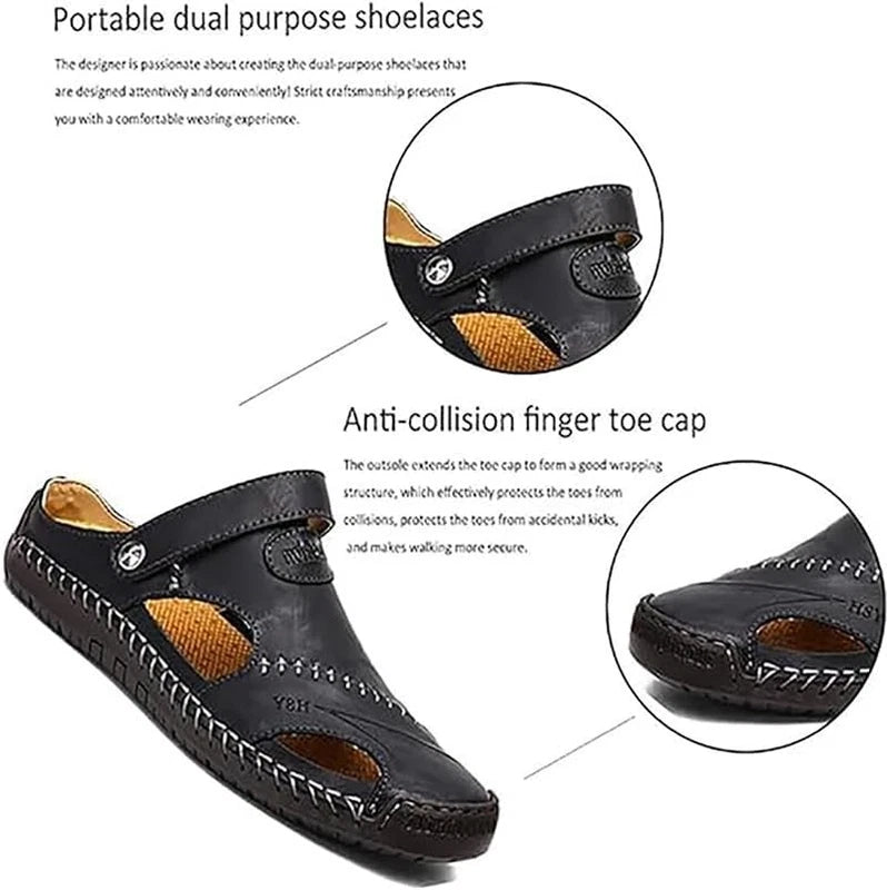 Mens Breathable Sandals Large Size Soft LeatherAdjustable Slipon Outdoor Sandals