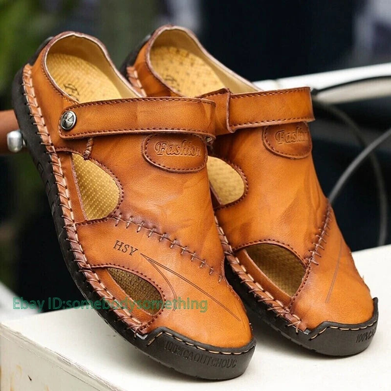Mens Leather Sandals Water Shoes Summer Closed Toe Fisherman Beach Slippers Size