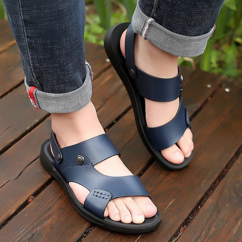 Blue Summer Men Microfiber Leather Sandals Casual Sports Beach Shoes Slippers