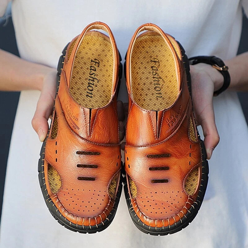 Men Beach Sandals Casual Genuine Leather Non-slip Flats Fashion Slipper